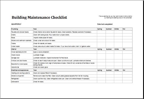 Image Result For Building Inventory Template Maintenance Checklist