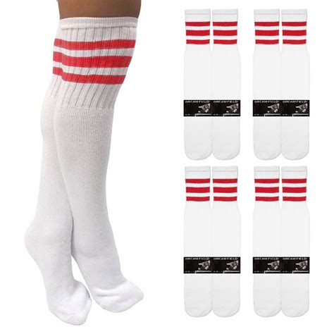 4 Pairs Knee High White Tube Socks Long Athletic Cotton Red Stripes Sports 10 15