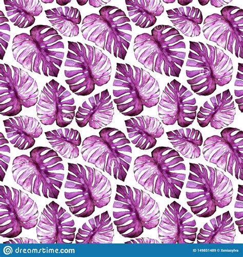 Floral Seamless Pattern Hand Drawing Purple Watercolor Tropical Leaves