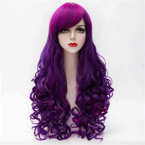 2018 Charming Inclined Bang Long Purple Highlight Capless Fluffy Curly Synthetic Cosplay Wig For