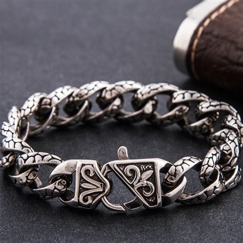 solid titanium stainless steel thick link chain bracelet men gothic punk style carved vintage