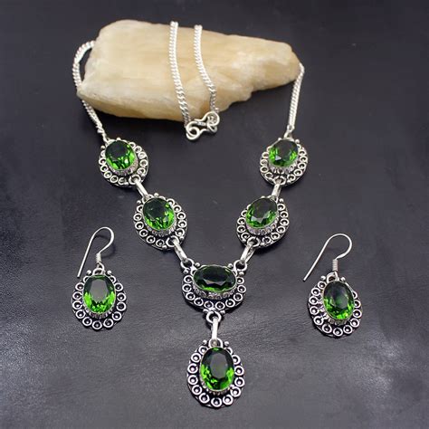 Hermosa Vintage Green Peridot Jewelry Sets 925 Sterling Silver Necklace