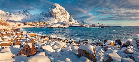 Breathtaking Winter Scene Of Southernmost Of Lofoten Islands Town Named