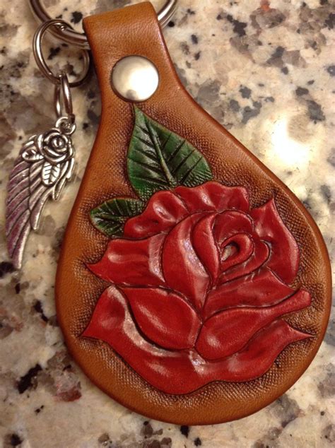 Rose Leather Keychain Leather Tooled Keychain Leather Keyfob Can Be