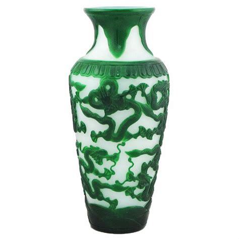 Vintage Chinese Peking Vase Green Dragon Overlay Art Deco Glass