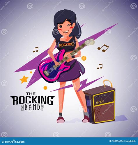 Rock Star Girl Playing Her Guitar Character Design Ill Stock Vector