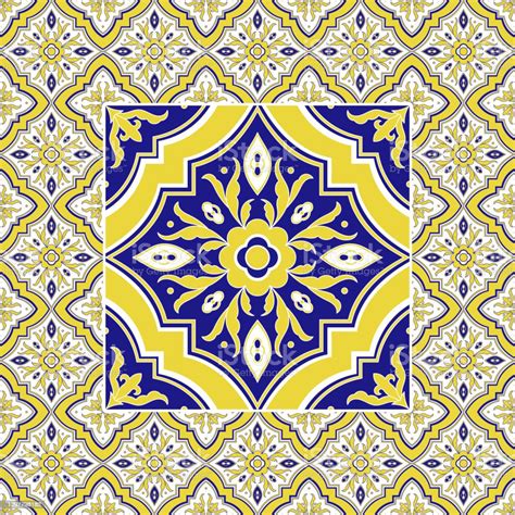 Mexican Tile Pattern Vector With Floral Ornaments Yellow Big Texture