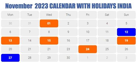 Holidays In November 2023 Nov 2023 Calendar With Holidays India