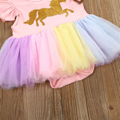2018 Newborn Baby Girls Unicorn Flying Sleeve Tutu Lace Dress Patchwor