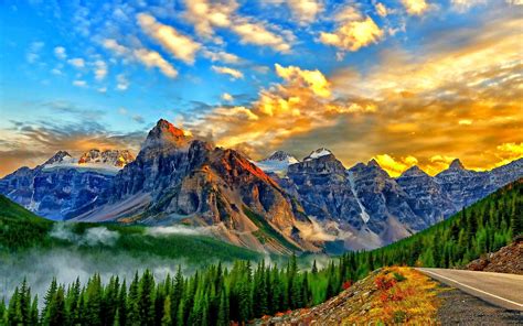 Golden Sky Landscape Wallpapers Path Rocky Mountains Forest Banff