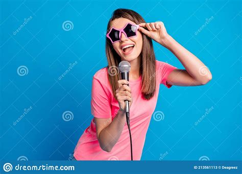 Photo Portrait Of Young Funky Girl Singing Microphone On Concert