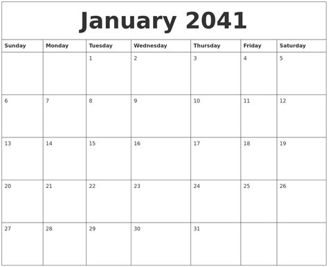 January 2041 Printable Calendar Template