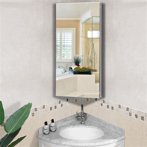Homcom Bathroom Corner Wall Mirror Storage Cabinet Cupboard Stainless Steel Ebay