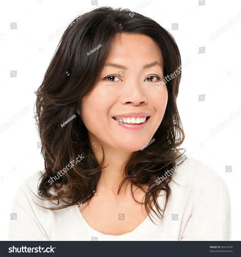 Asian Woman Smiling Happy Portrait Beautiful Mature Middle Aged Chinese Asian Woman Closeup