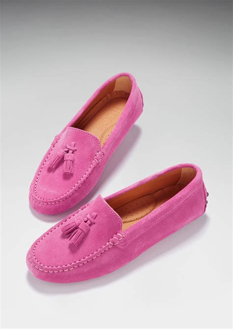 Womens Tasselled Driving Loafers Pink Suede Hugs And Co