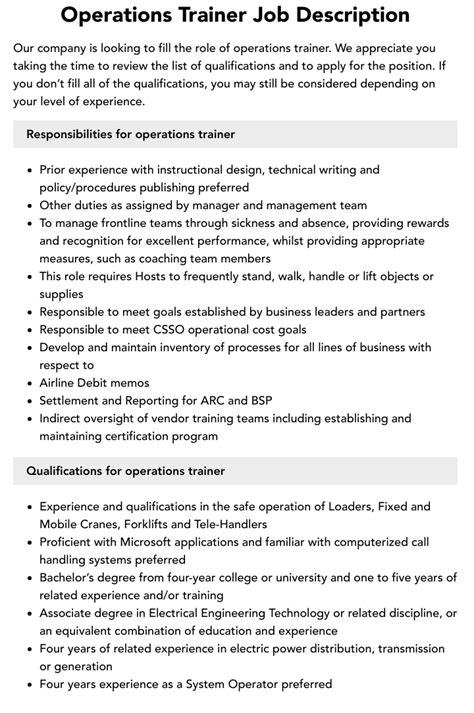 Operations Trainer Job Description Velvet Jobs
