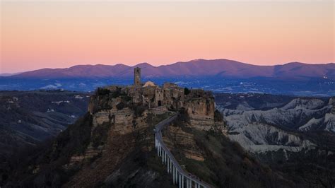 Tower Village Civita Di Bagnoregio Fortress On Mountain In Italy Hd