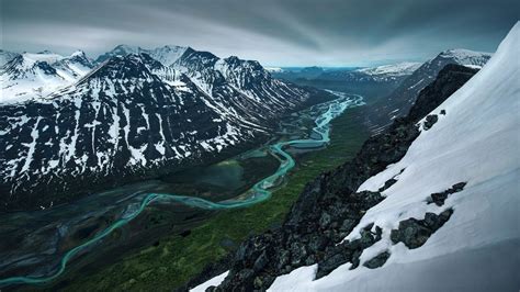 Sweden Valley River Between Snow Covered Mountain Hd