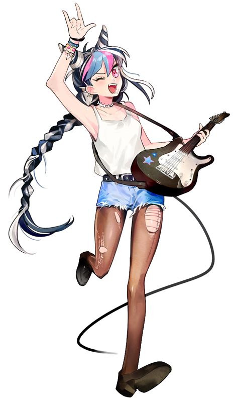 1girl M Armband Armpits Belt Black Hair Blue Hair Dangan Ronpa Denim Denim Shorts Guitar
