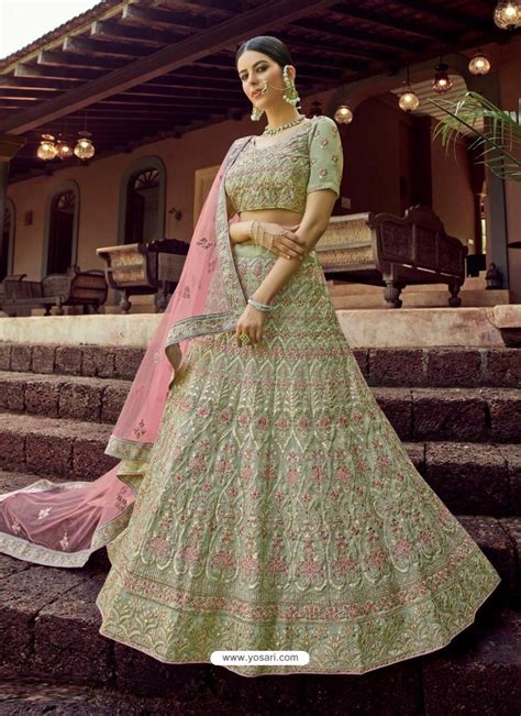 Buy Pista Green Heavy Embroidered Designer Wedding Lehenga Choli