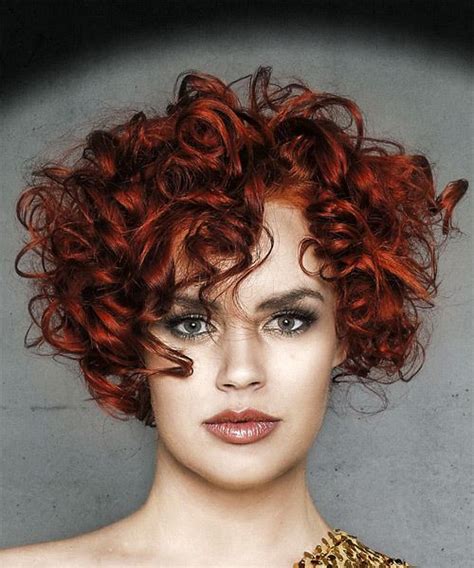 Short Curly Dark Red Hairstyle With Layered Bangs