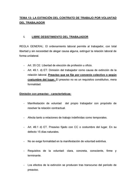 Apuntes Tema 13 Extinción Del Contrato Por Voluntad Del Trabajador