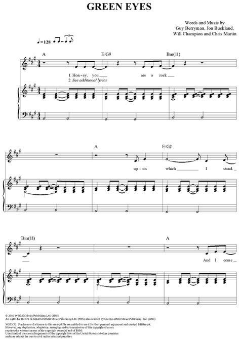 Green Eyes Sheet Music By Coldplay For Pianovocalchords Sheet