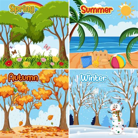 Different Four Seasons Posters Stock Vector Illustration Of Alphabet