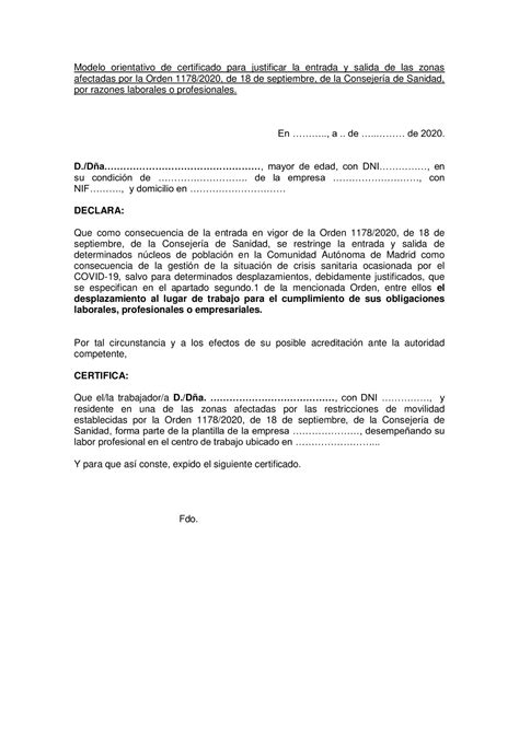 Modelo De Certificado Para Desplazarse En Madrid Por Motivos Laborales
