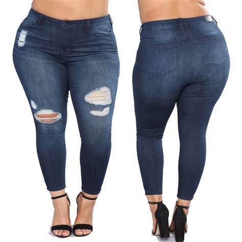 Plus Size 2xl 7xl Slim Hole Ripped Jeans For Women Mid Waist Denim Fashion Pants Blue 2018