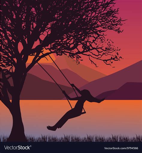 Girl Swing In Tree Near Lake During Sunset Enjoy Vector Image