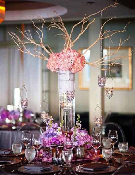 Tall Manzanita Branch Wedding Centerpiece With Hanging Crystals