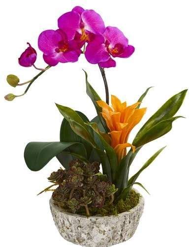 Artificial Bromeliad Succulent Orchid Floral Arrangement In Planter