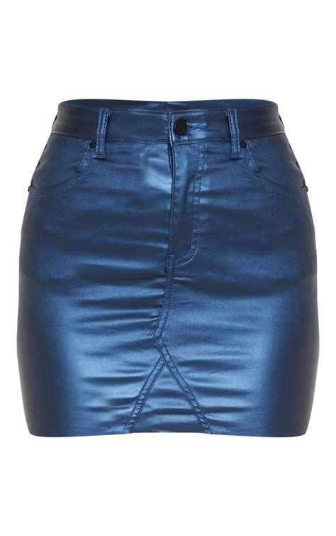 Metallic Blue Coated Denim Skirt Denim Prettylittlething Usa