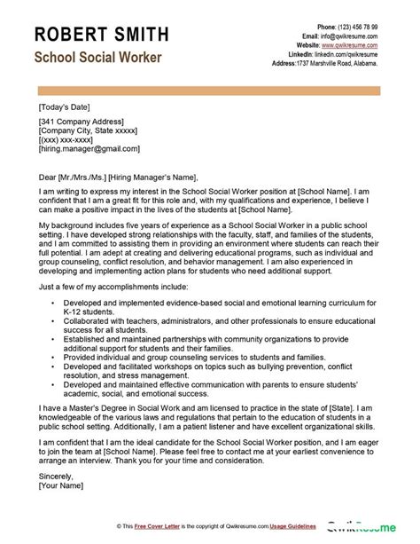 School Social Worker Cover Letter Examples Qwikresume