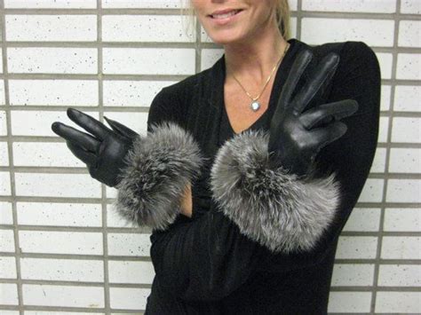 Ladies Black Leather Opera Gloves With Indigo Fox Fur By Arisco Opera Gloves Black Leather