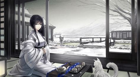 X Anime Girls Original Characters Japanese Clothes Asian Architecture Cat Snow Kimono
