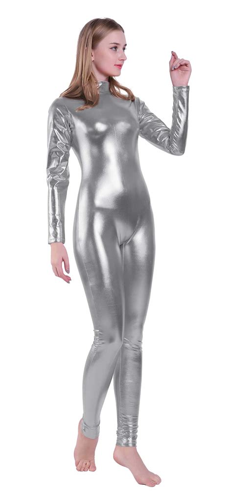 Buy Kepblom Shiny Metallic Unitard Turtleneck Long Sleeve Footless Zentai Suit Catsuit Dancewear