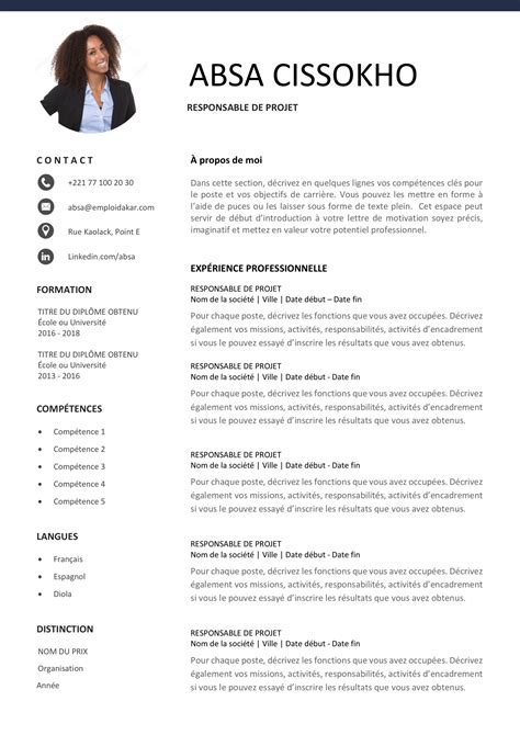 Exemple de CV Responsable / Chef de Projet  Emploi Dakar
