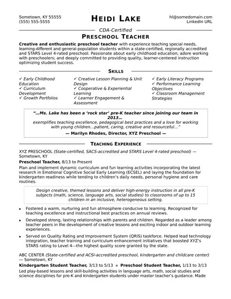 Seeking the position of an english teacher in an organization that profound knowledge of english language and ability to teach the language for all sorts of students i.e. Preschool Teacher Resume Sample | Monster.com