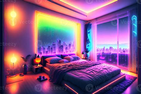 modern bedroom interior with neon lights glowing ambient in the evening luxurious stylish by ai