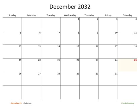 December 2032 Calendar With Bigger Boxes
