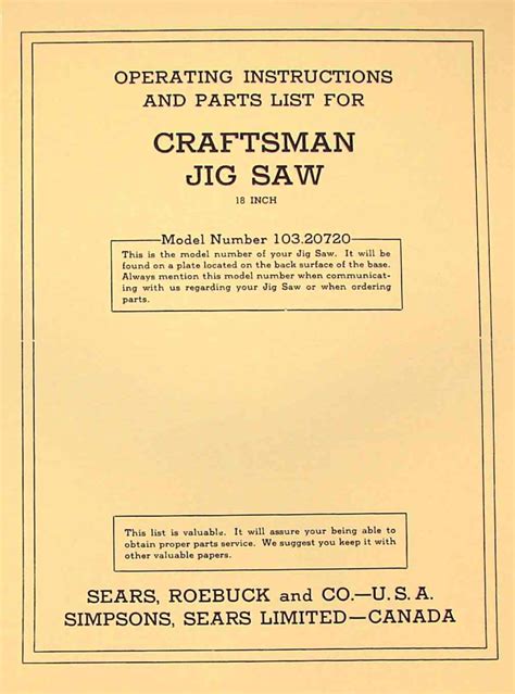 craftsman 18 jig saw 103 20720 operator s and part manual ozark tool manuals and books