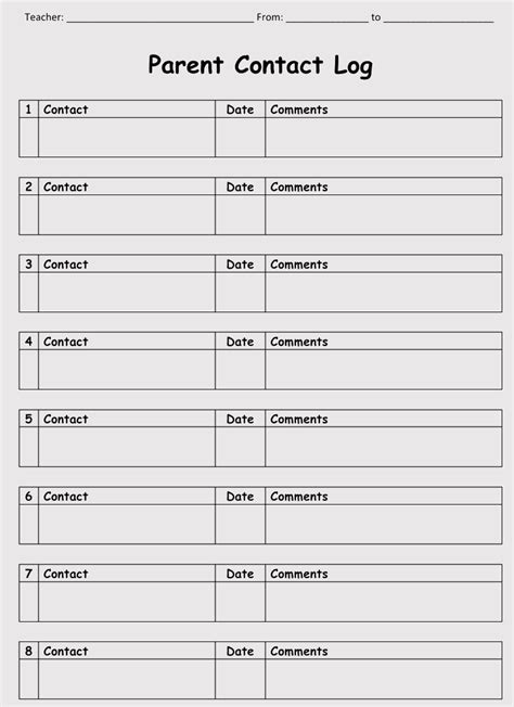 printable parent contact log sheet templates excel word
