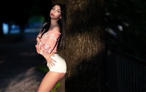 Wallpaper Women Marco Squassina Jean Shorts Straight Hair Trees Bare Shoulders Ass Pink