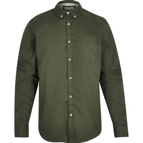 River Island Olive Green Twill Button Down Shirt In Green For Men Lyst