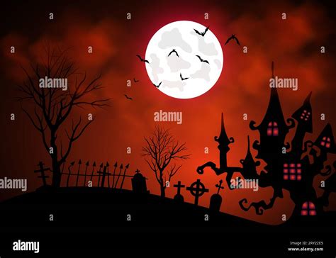 Halloween Dark Red Scary Background With Graveyard And Haunted Tree