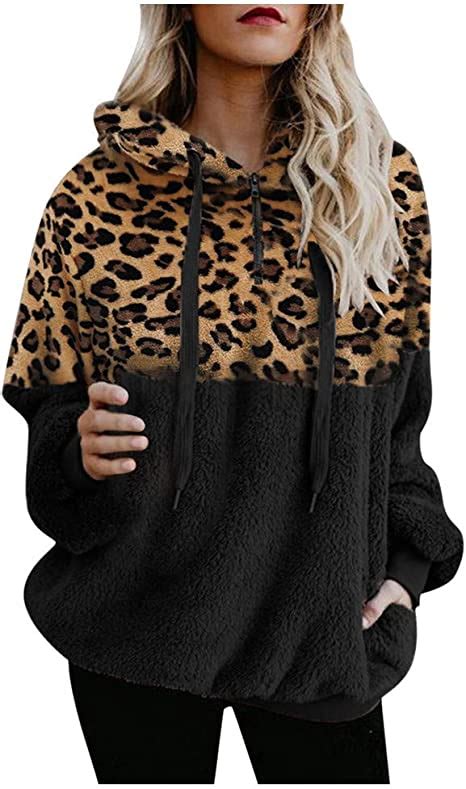 Womens Leopard Print Sweatshirt Fleece Sherpa Hoodie Fluffy Jumper