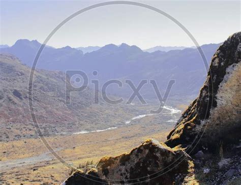 Image Of Scenic Alpine Rocky Landscape And Mountains Near Bum La Pass