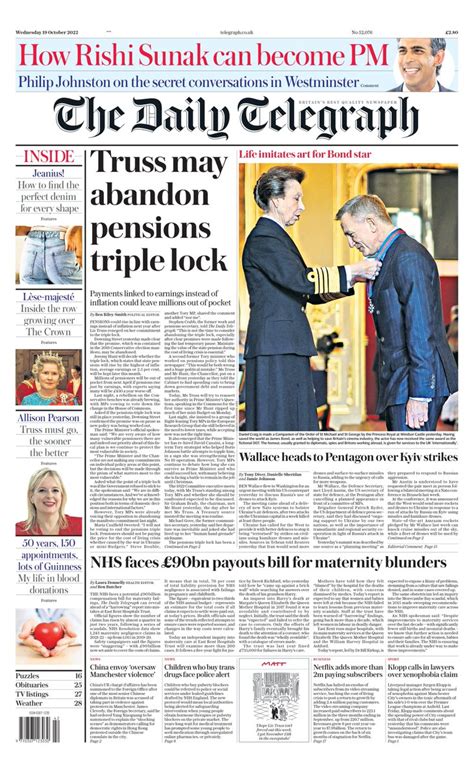 Daily Telegraph Front Page 19th Of October 2022 Tomorrows Papers Today